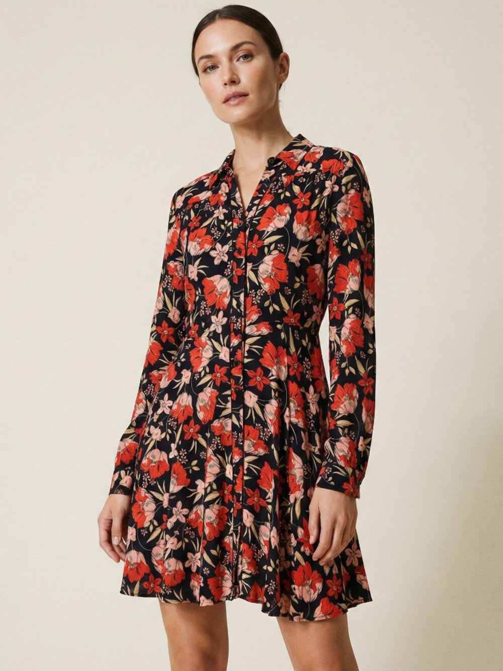 Zara Black and Red Floral Long Sleeve Dress